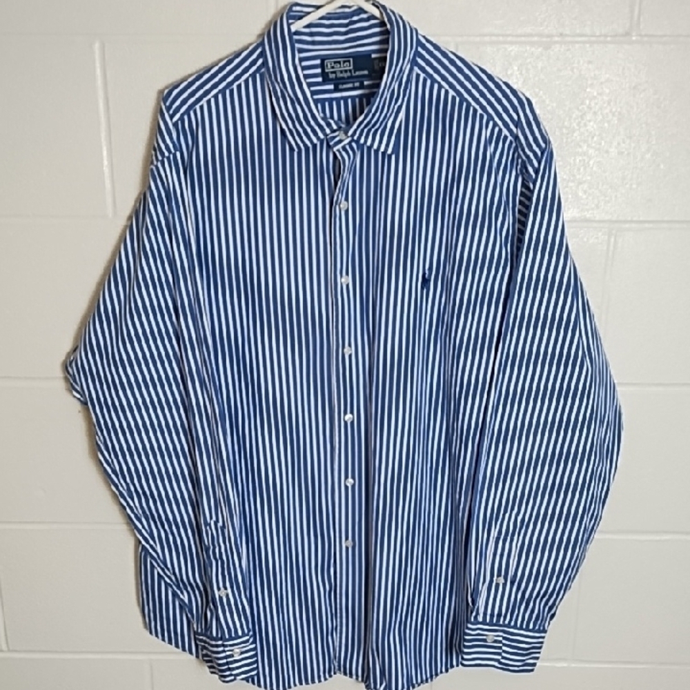 Classic Fit Polo Ralph Lauren Blue and White Striped Shirt Embroidered Polo Logl